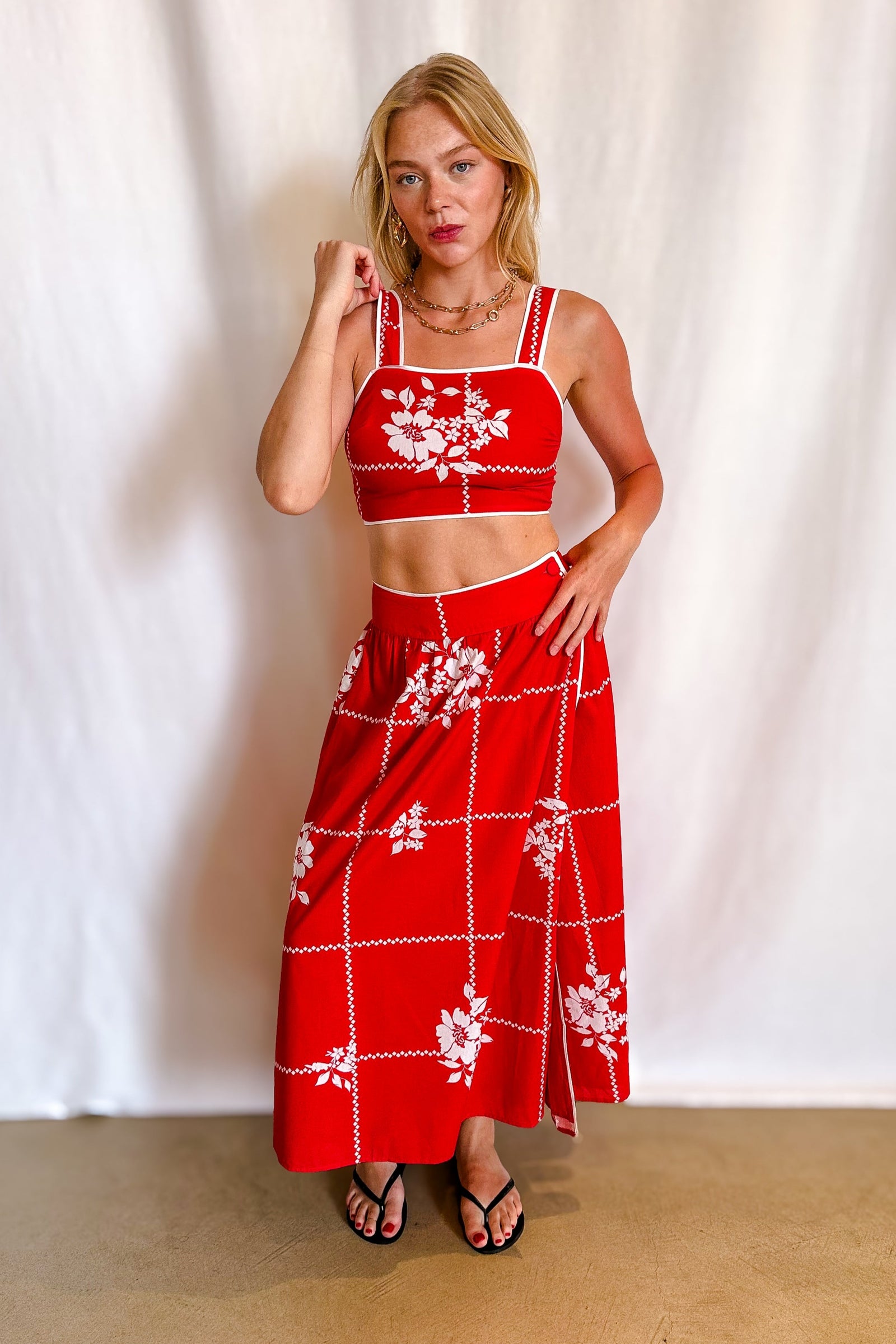 Vintage Cloth Wrap Midi Skirt / Red