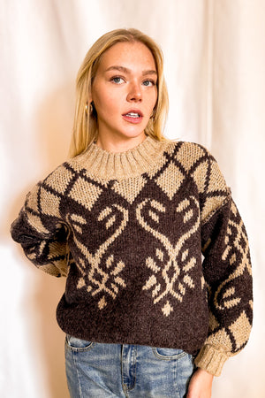 Jacquard Knit Dual Tone Boyfriend Sweater / Brown