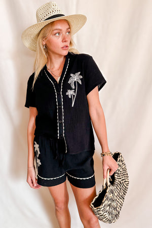 Embroidered Soft Gauze Shorts / Black