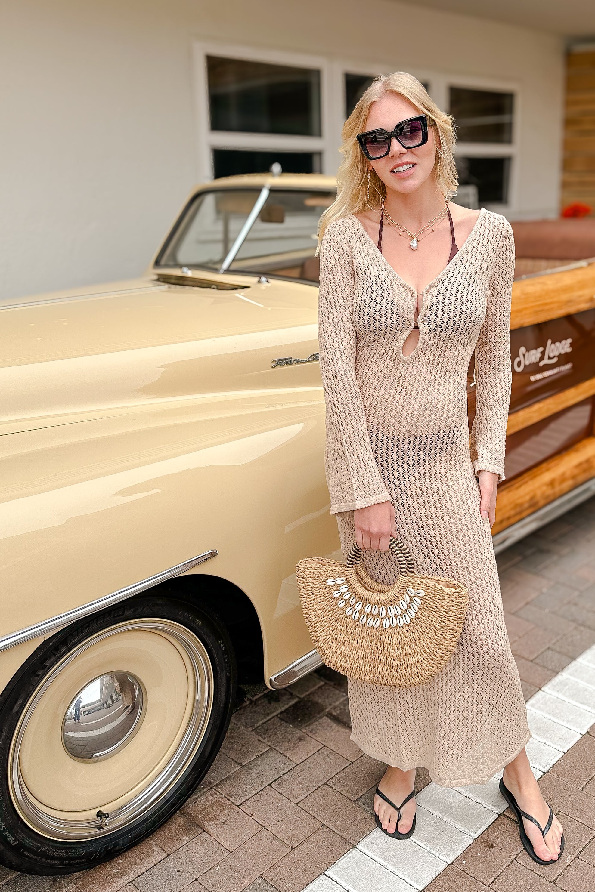 Crochet Long Bell Sleeve Maxi Dress / Taupe - Merrilee's Swimwear Crochet Long Bell Sleeve Maxi Dress / Taupe - Merrilee's Swimwear