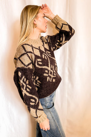 Jacquard Knit Dual Tone Boyfriend Sweater / Brown