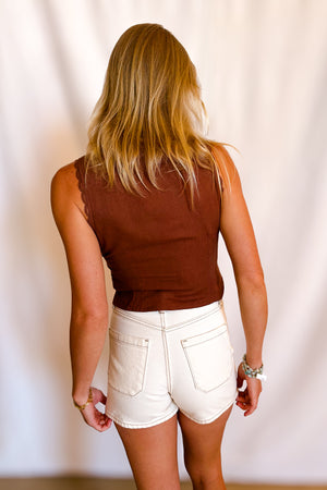 Cross Hatch Lace Detail Boho Button Up Tank Top / Brown