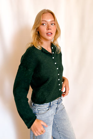 Mini White Button Crop Cardigan / Forest