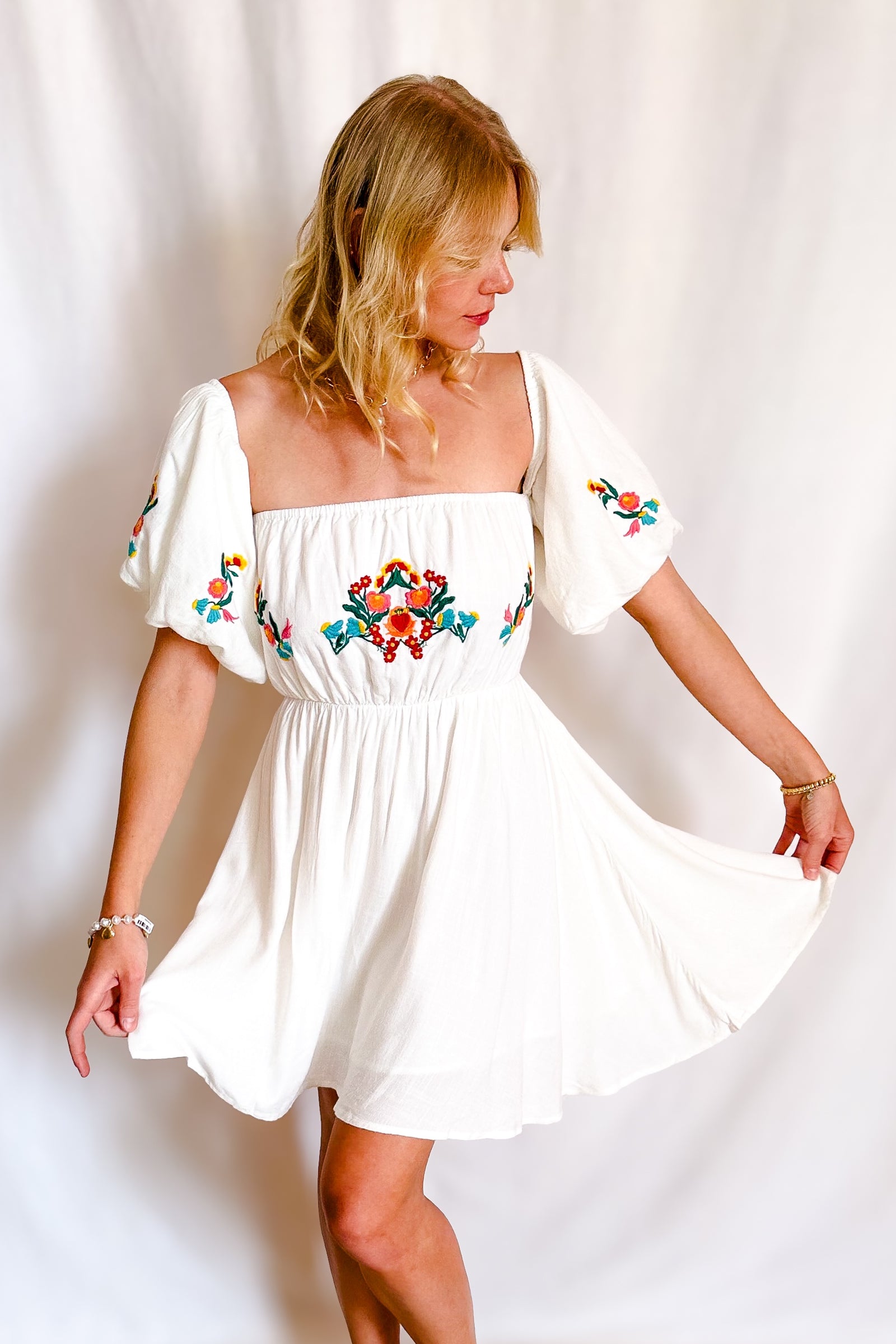 Rosali Embroidered Off Shoulder Short Dress / Ivory