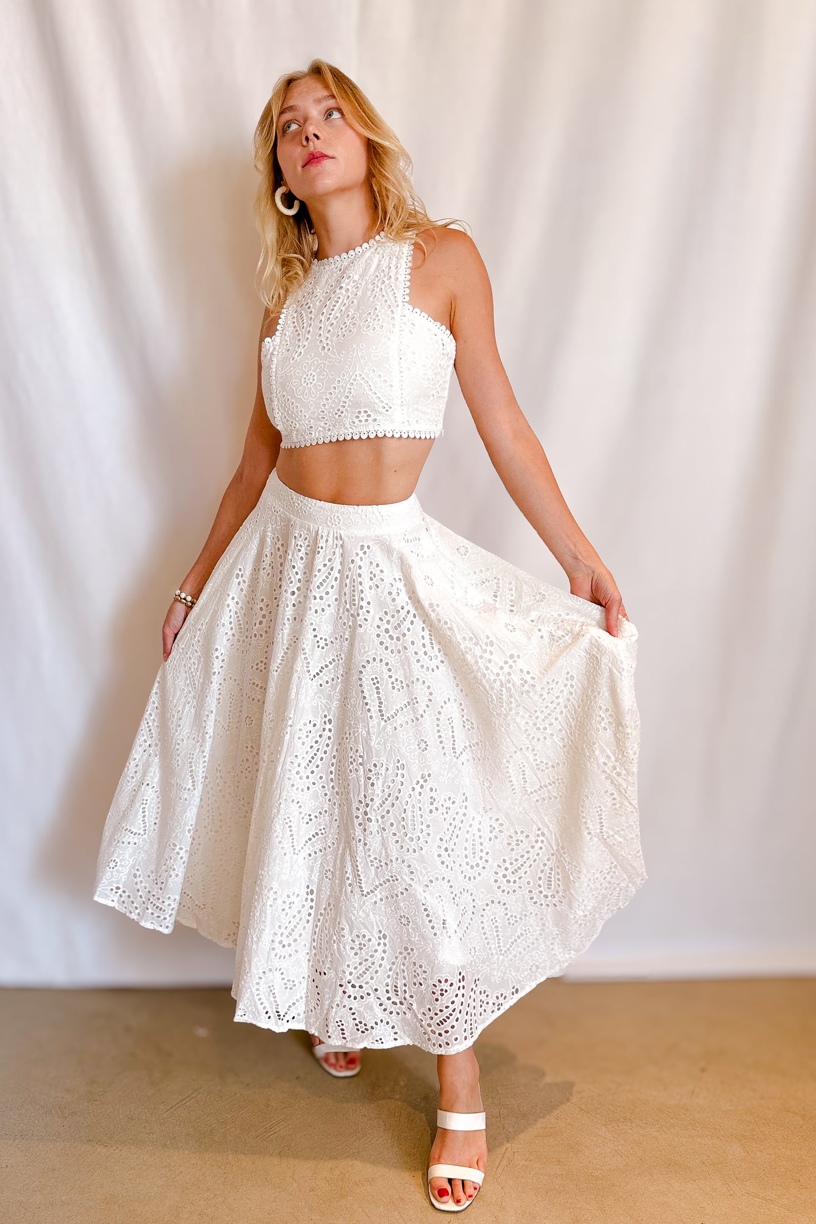 Eyelet Full Midi Skirt / White