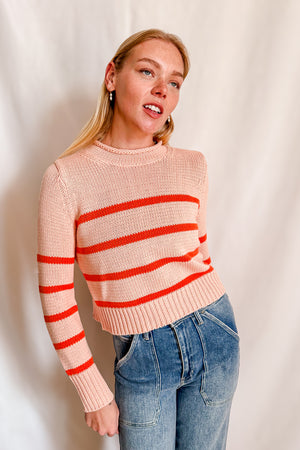 Stripe Rolled Edge Mid Length Sweater / Blush