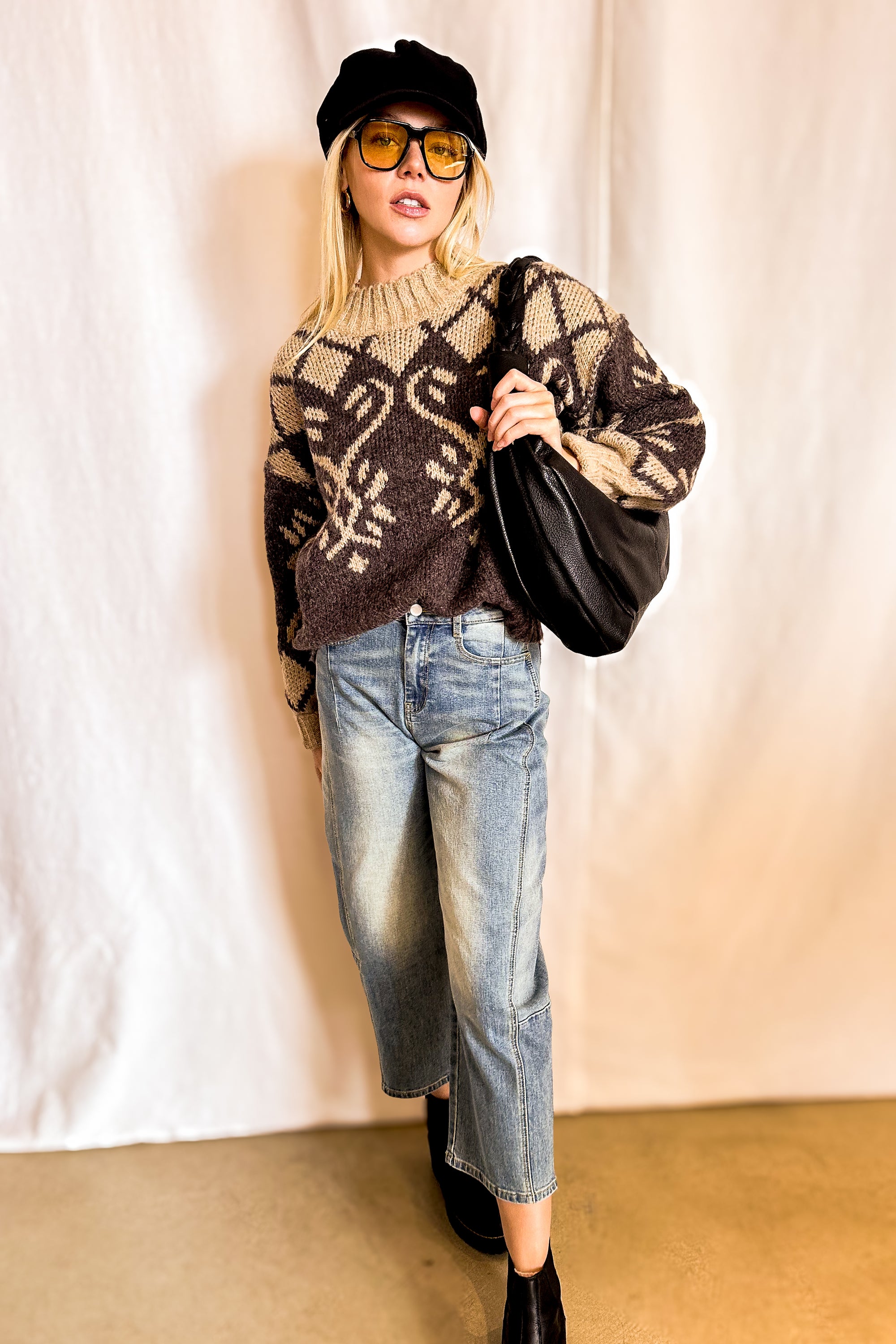 Jacquard Knit Dual Tone Boyfriend Sweater / Brown