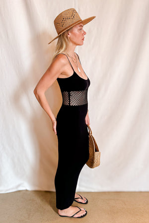 Fishnet Waist Detail Midi Cami Dress / Black