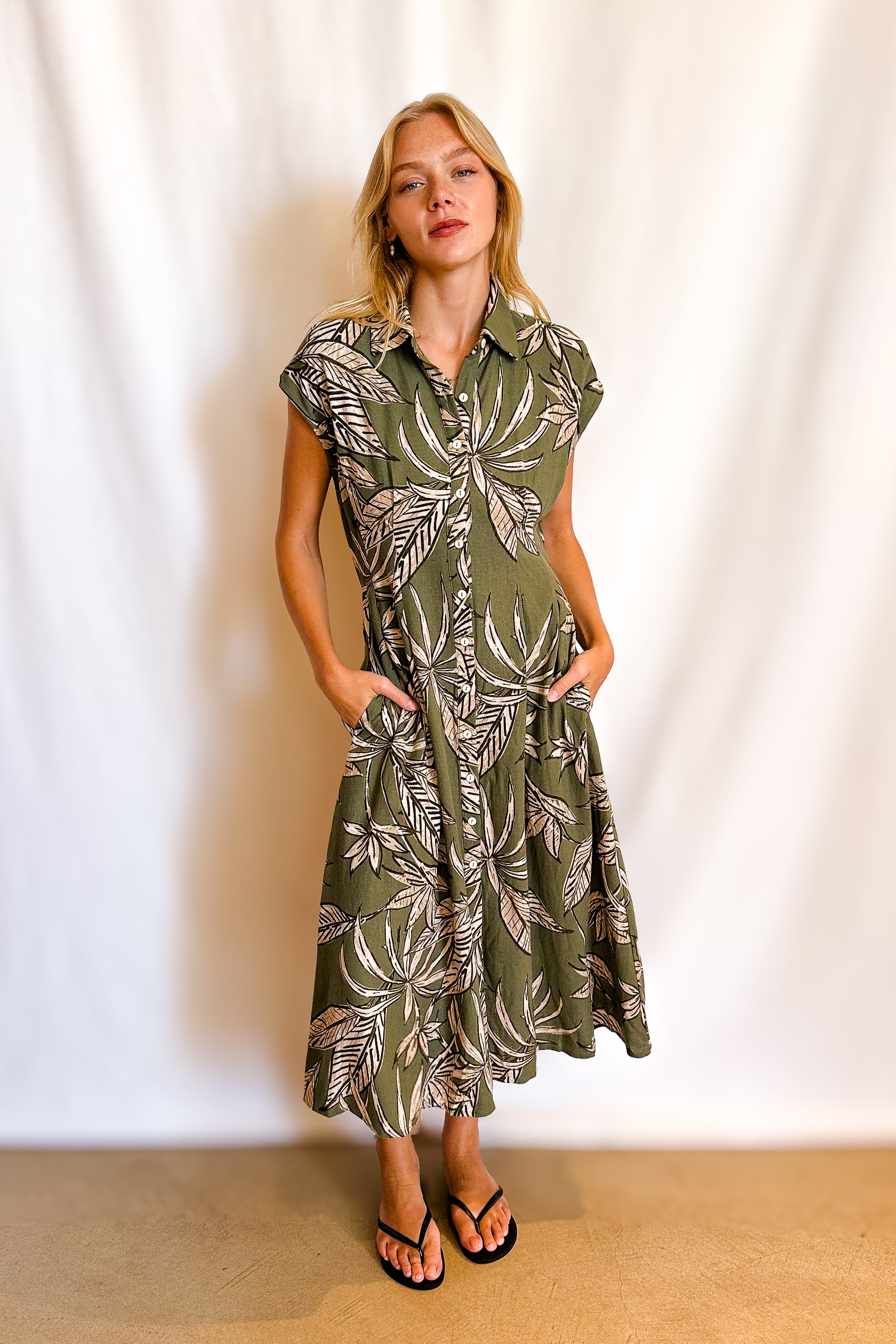 Linen Palm Button Up Open Back Sleeveless Dress / Olive