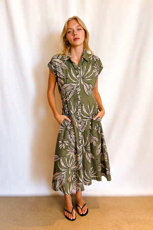Linen Palm Button Up Open Back Sleeveless Dress / Olive