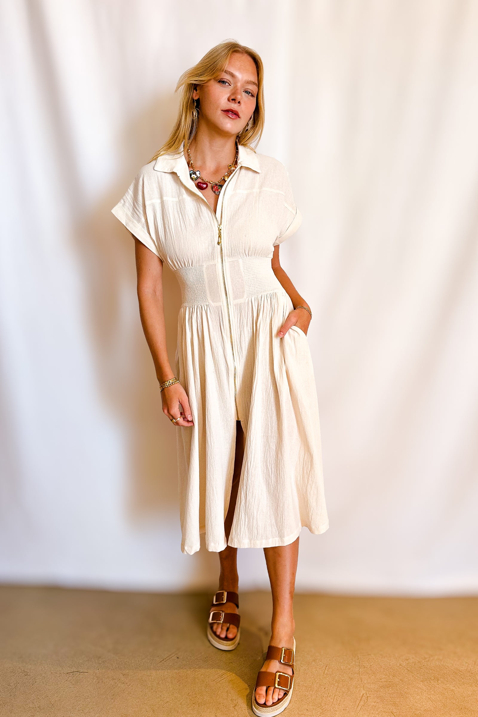 Cotton Sleeveless Kimono Zip Up Midi dress / Beige