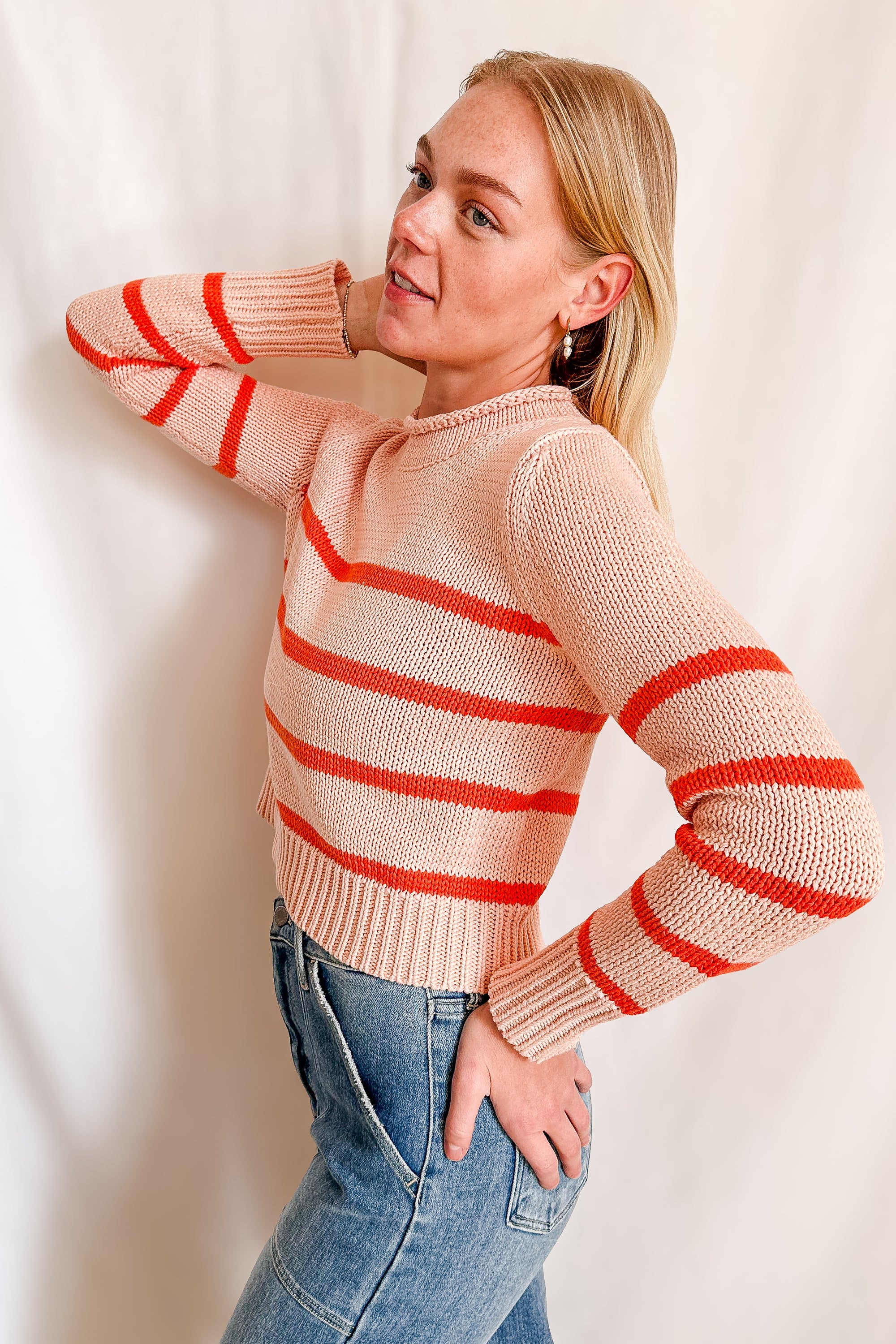 Stripe Rolled Edge Mid Length Sweater / Blush