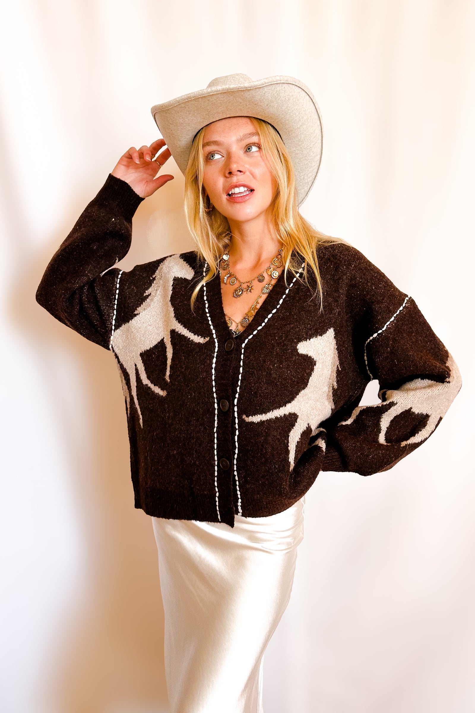 Equestrian Stitch Detail Cardigan Sweater / Brown