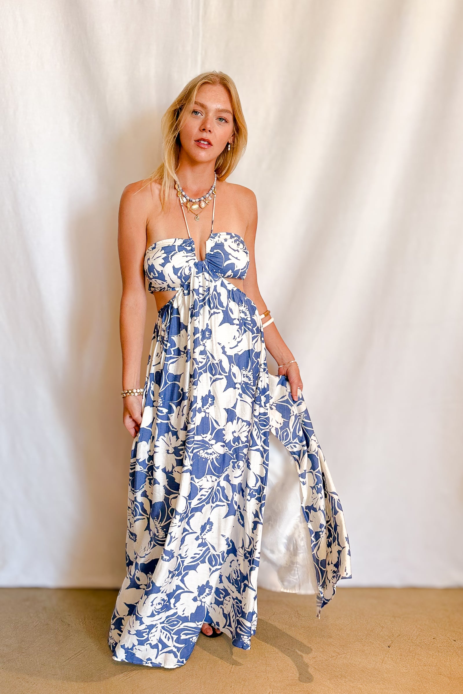 Shadow Floral V Front Cut Out Open Back Maxi Dress / Blue