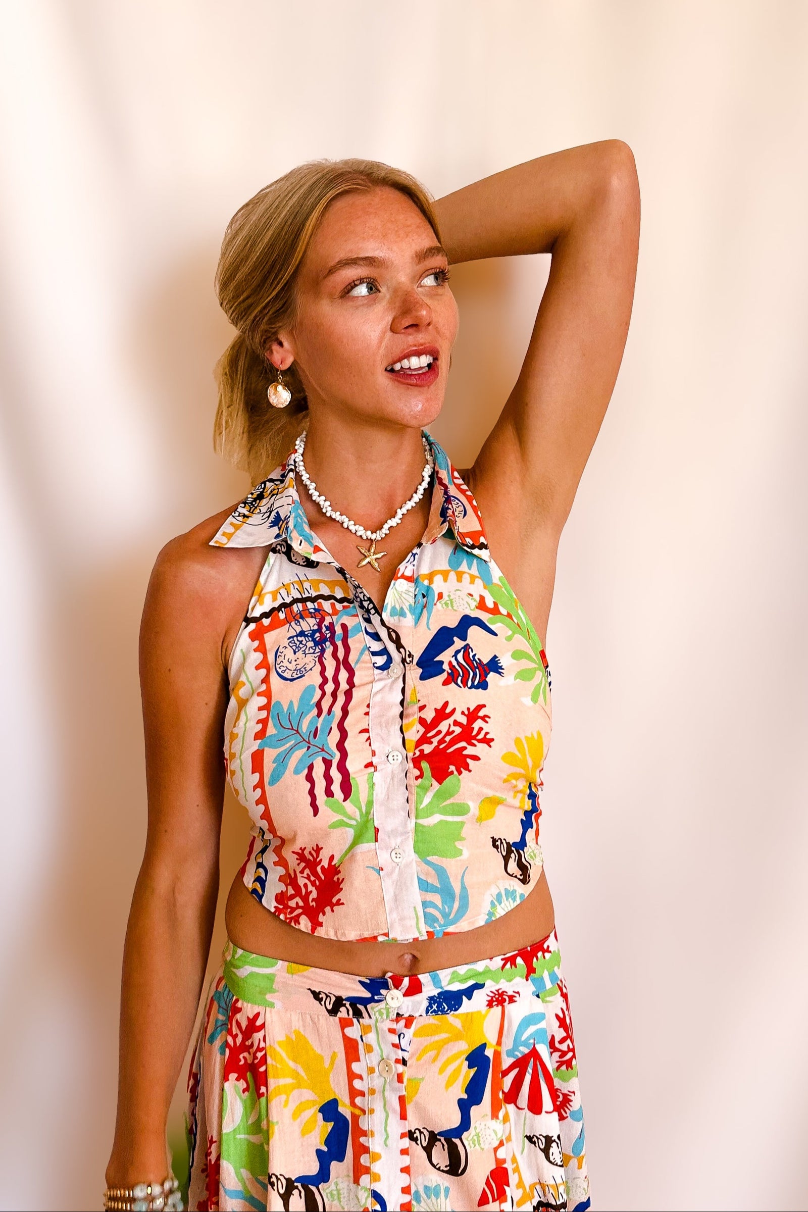 Aquatic Print Sash Back Tie Top / Ivory