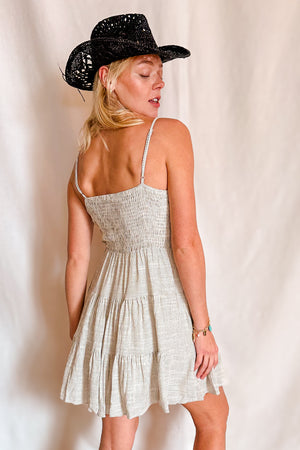 Pinstripe Lace Up Bust Tiered Short Cami Dress / Natural - Merrilee's Swimwear Pinstripe Lace Up Bust Tiered Short Cami Dress / Natural - Merrilee's Swimwear