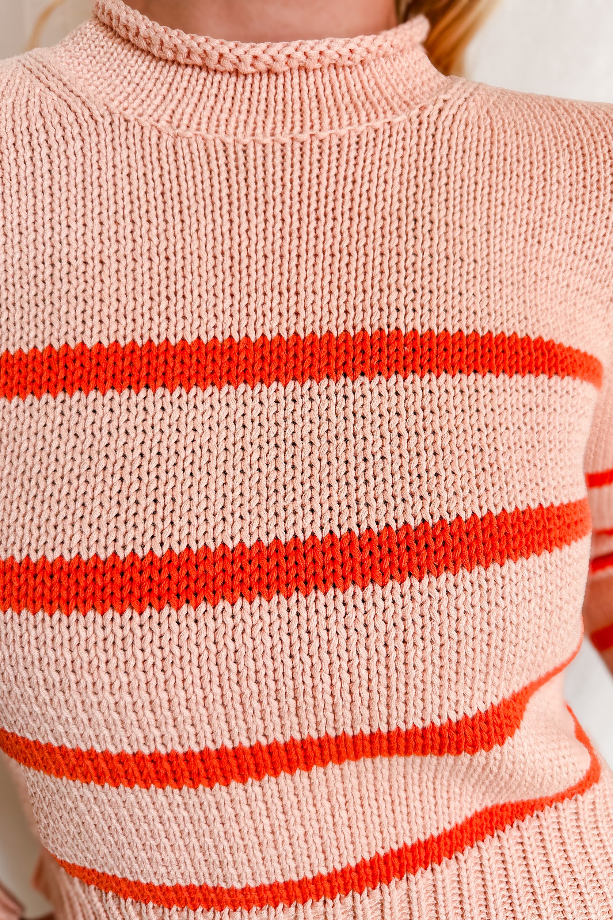 Stripe Rolled Edge Mid Length Sweater / Blush