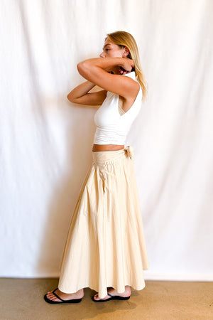 Tie Back Full Poplin Skirt / Beige