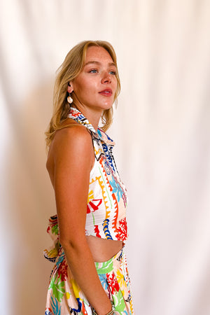 Aquatic Print Sash Back Tie Top / Ivory