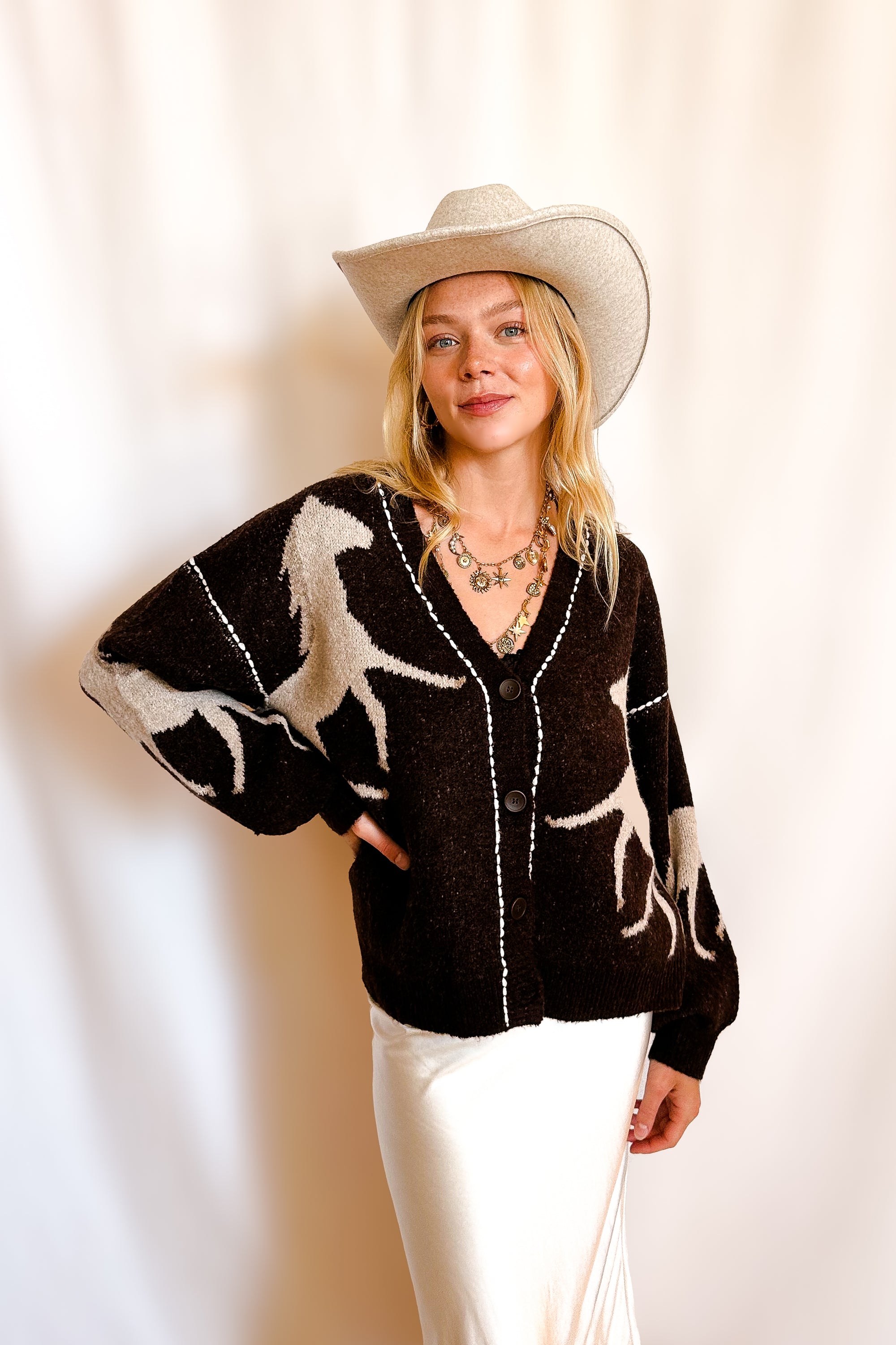 Equestrian Stitch Detail Cardigan Sweater / Brown