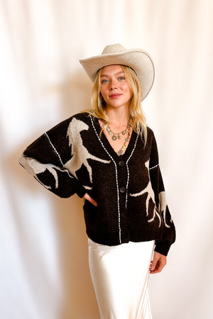 Equestrian Stitch Detail Cardigan Sweater / Brown