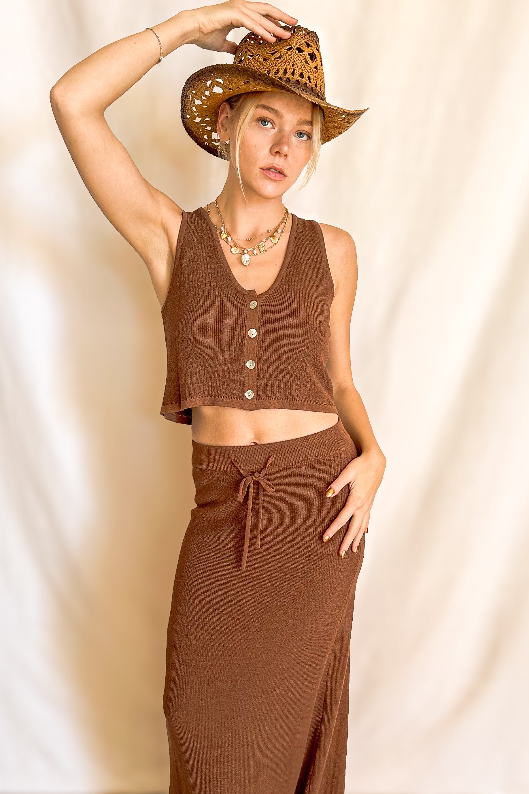 Knit Drawstring Maxi Skirt / Brown