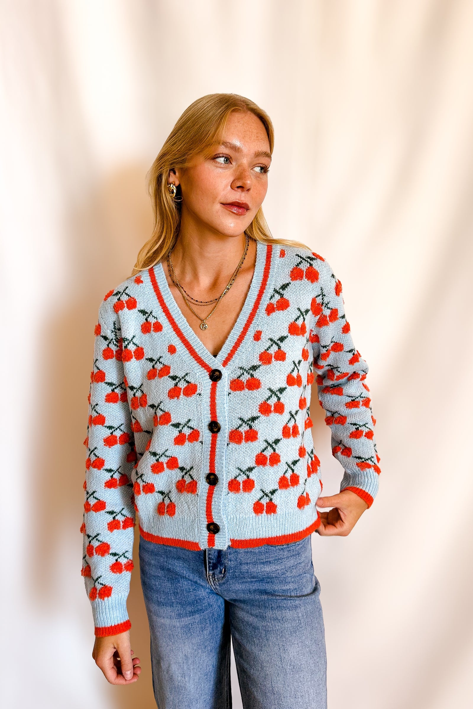 Bright Cherry Cardi Sweater / Blue