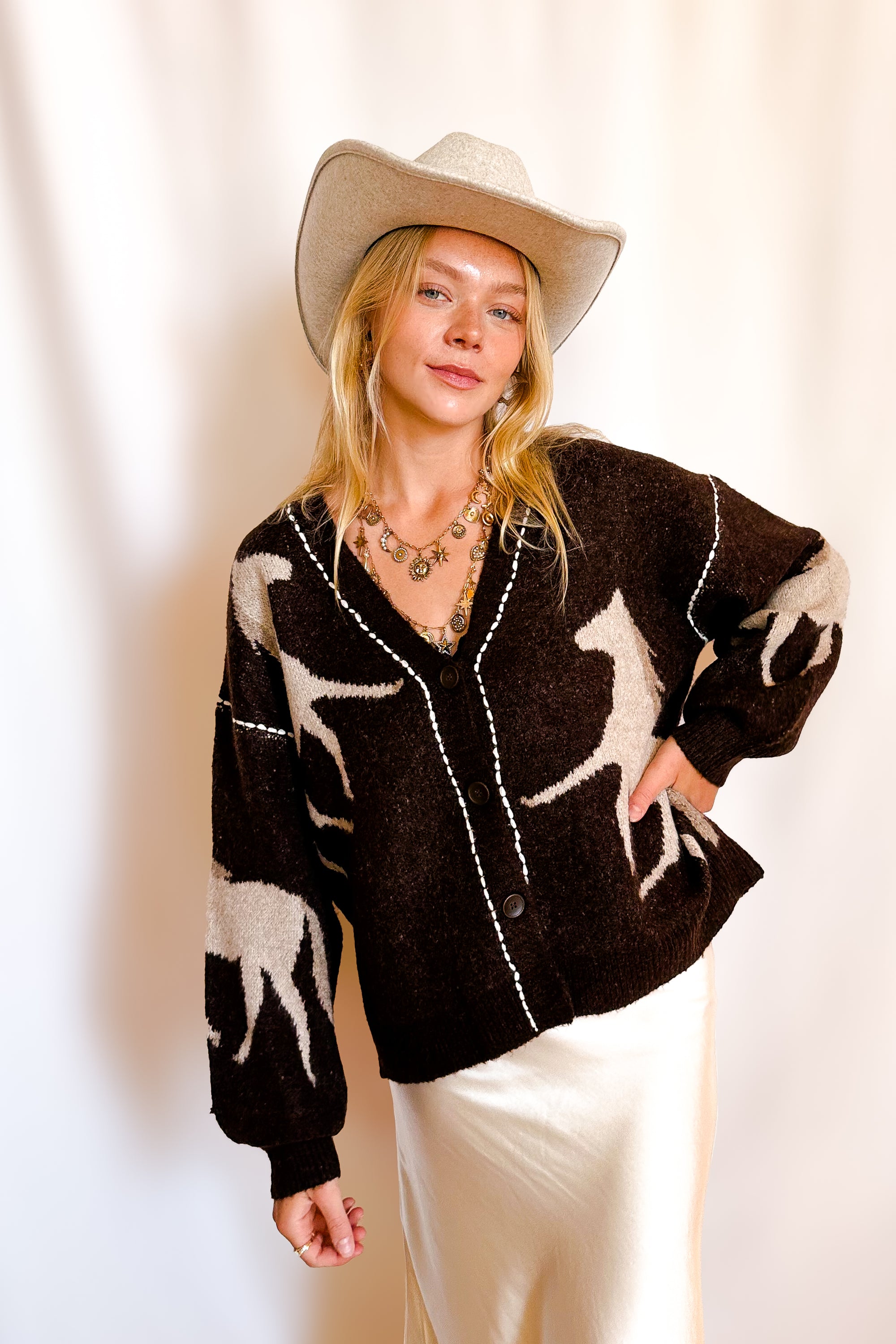 Equestrian Stitch Detail Cardigan Sweater / Brown