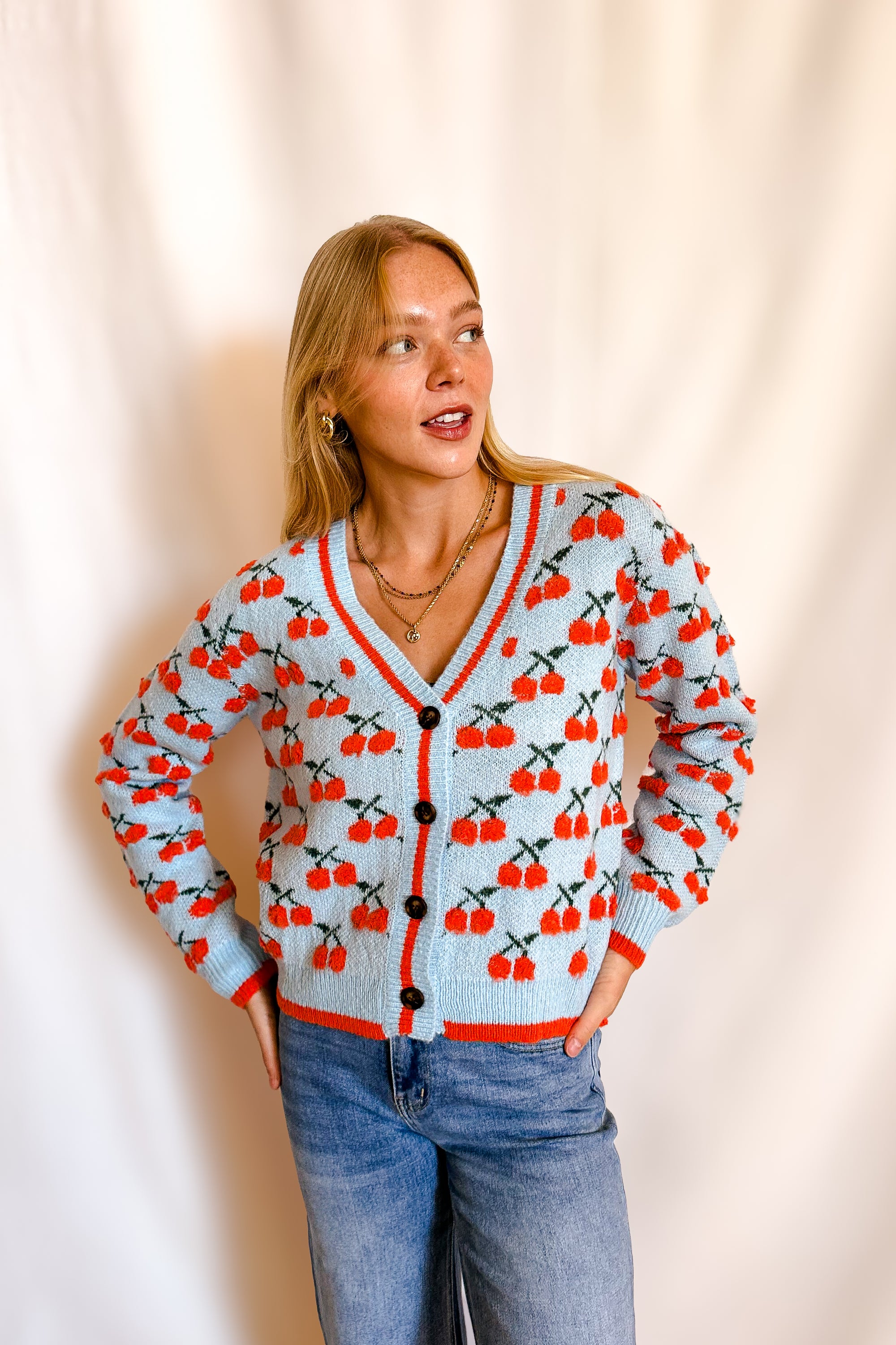 Bright Cherry Cardi Sweater / Blue