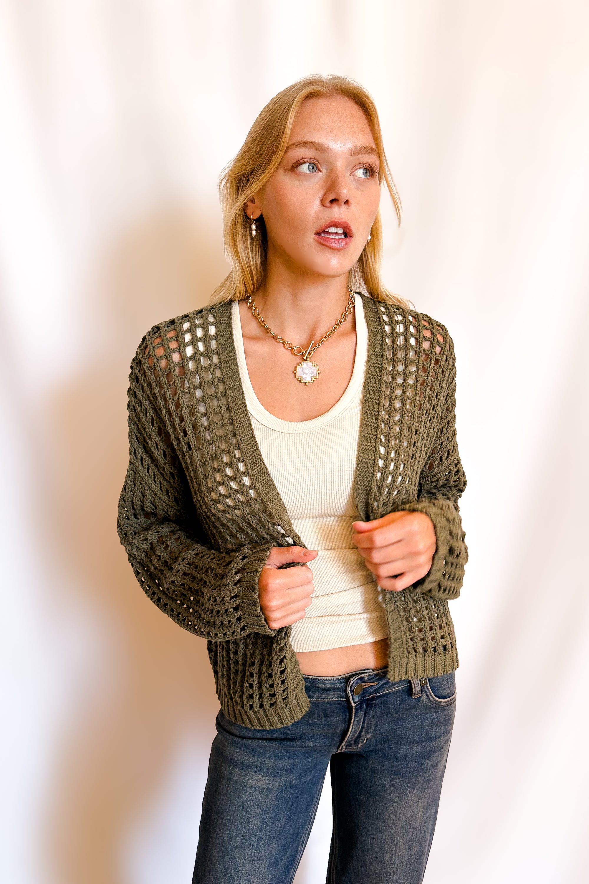 Crochet Waist Length Open Cardigan / Olive
