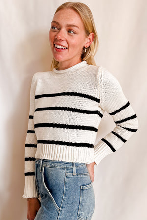 Stripe Rolled Edge Mid Length Sweater / White