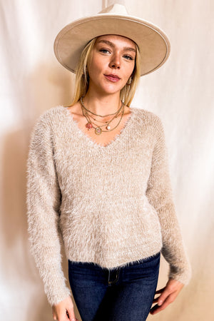 Mohair V-Neck Cropped Sweater / Sand