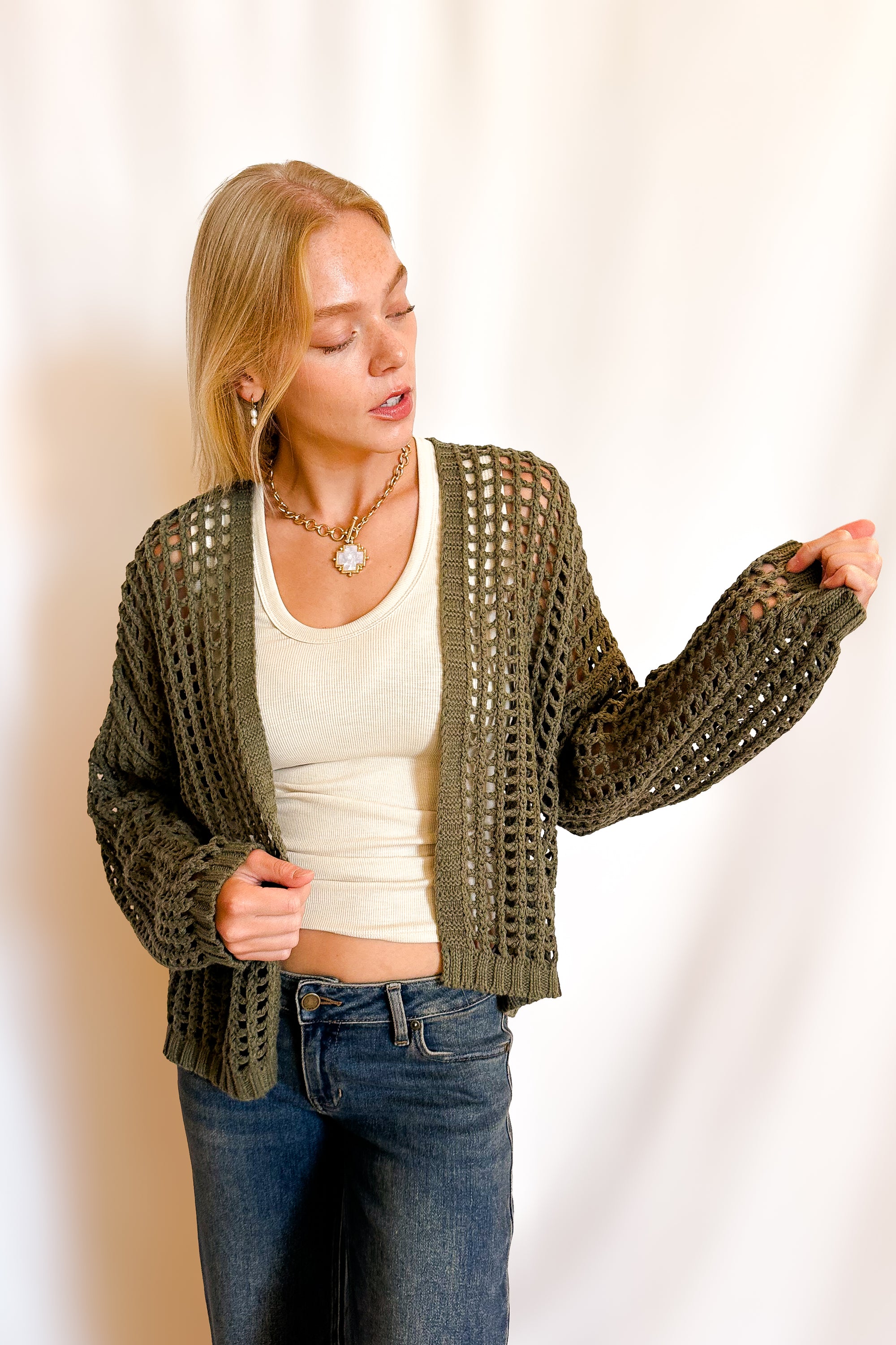 Crochet Waist Length Open Cardigan / Olive