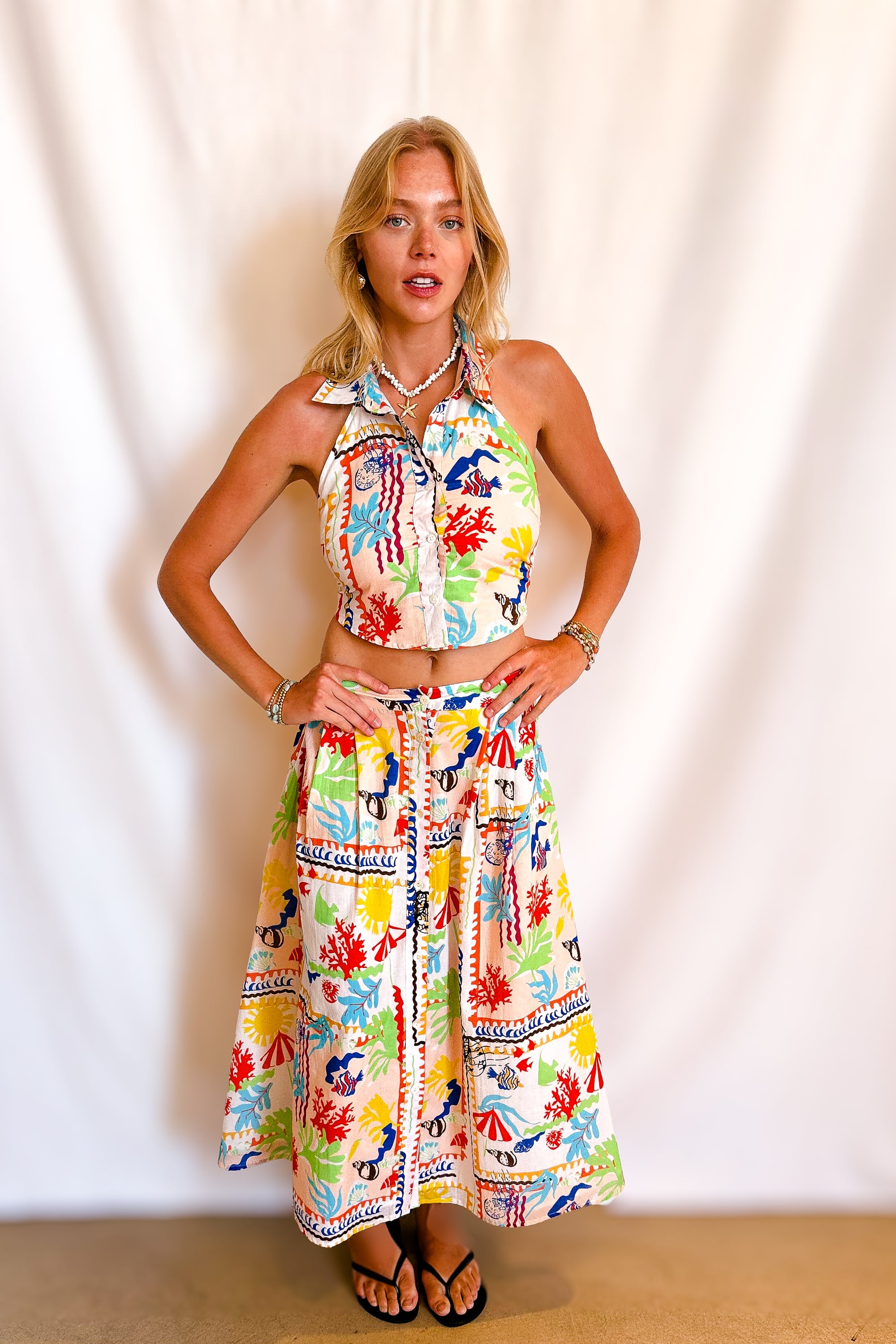 Aquatic Print Maxi Skirt / Ivory