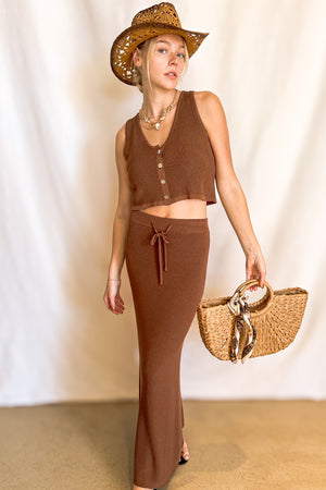 Knit Drawstring Maxi Skirt / Brown