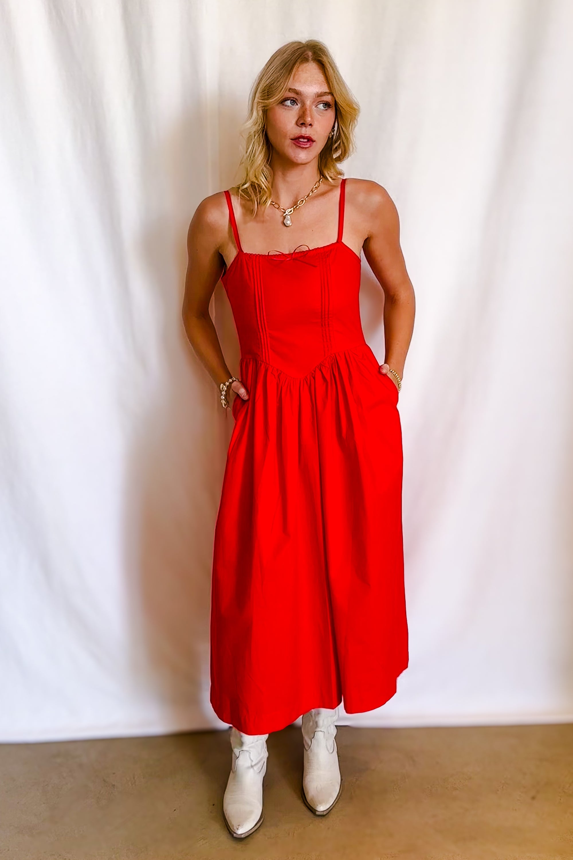Poplin Tie Back Maxi Dress / Red