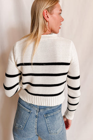 Stripe Rolled Edge Mid Length Sweater / White