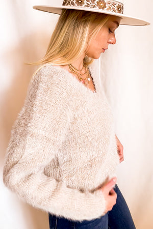 Mohair V-Neck Cropped Sweater / Sand