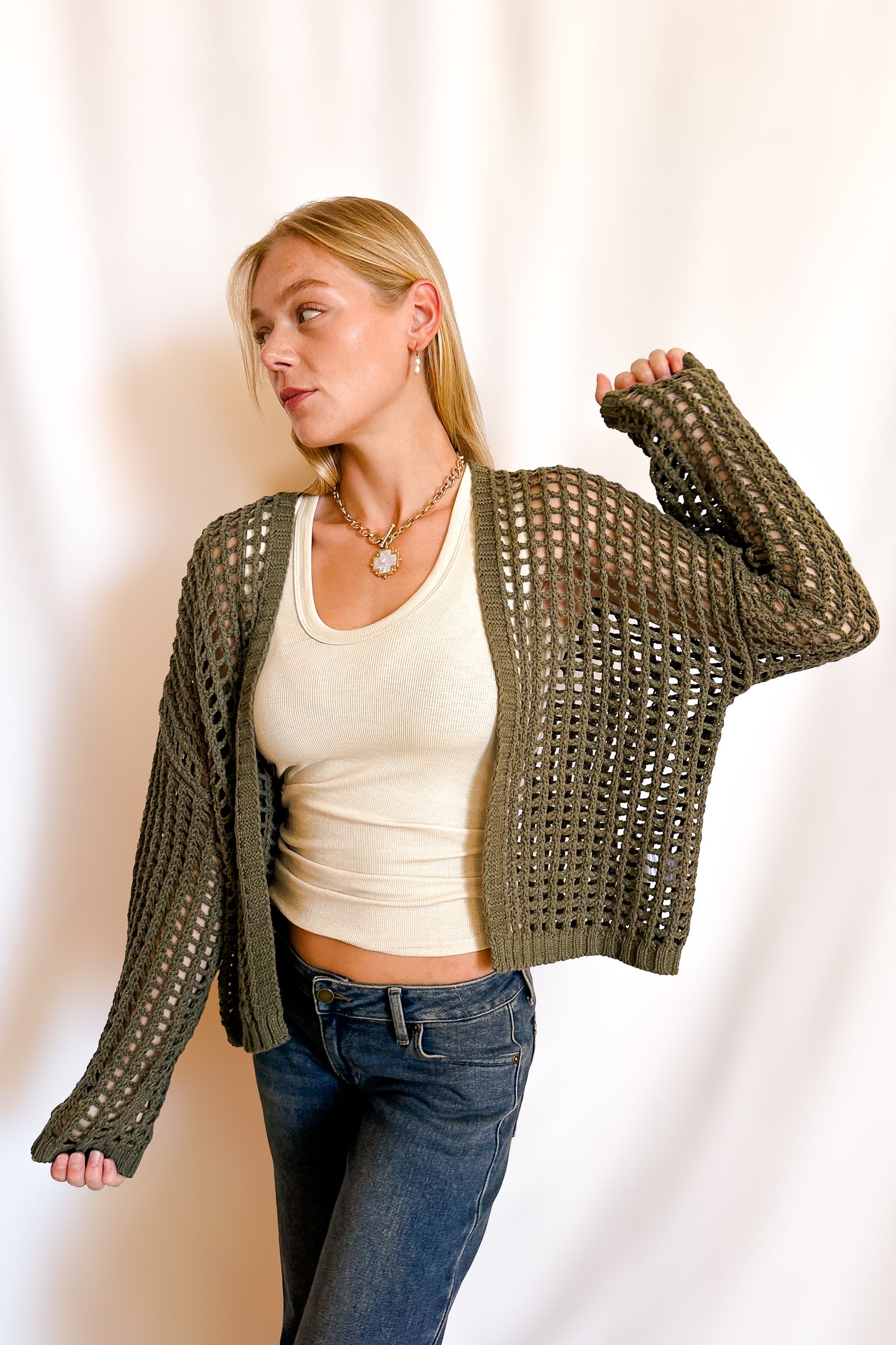 Crochet Waist Length Open Cardigan / Olive