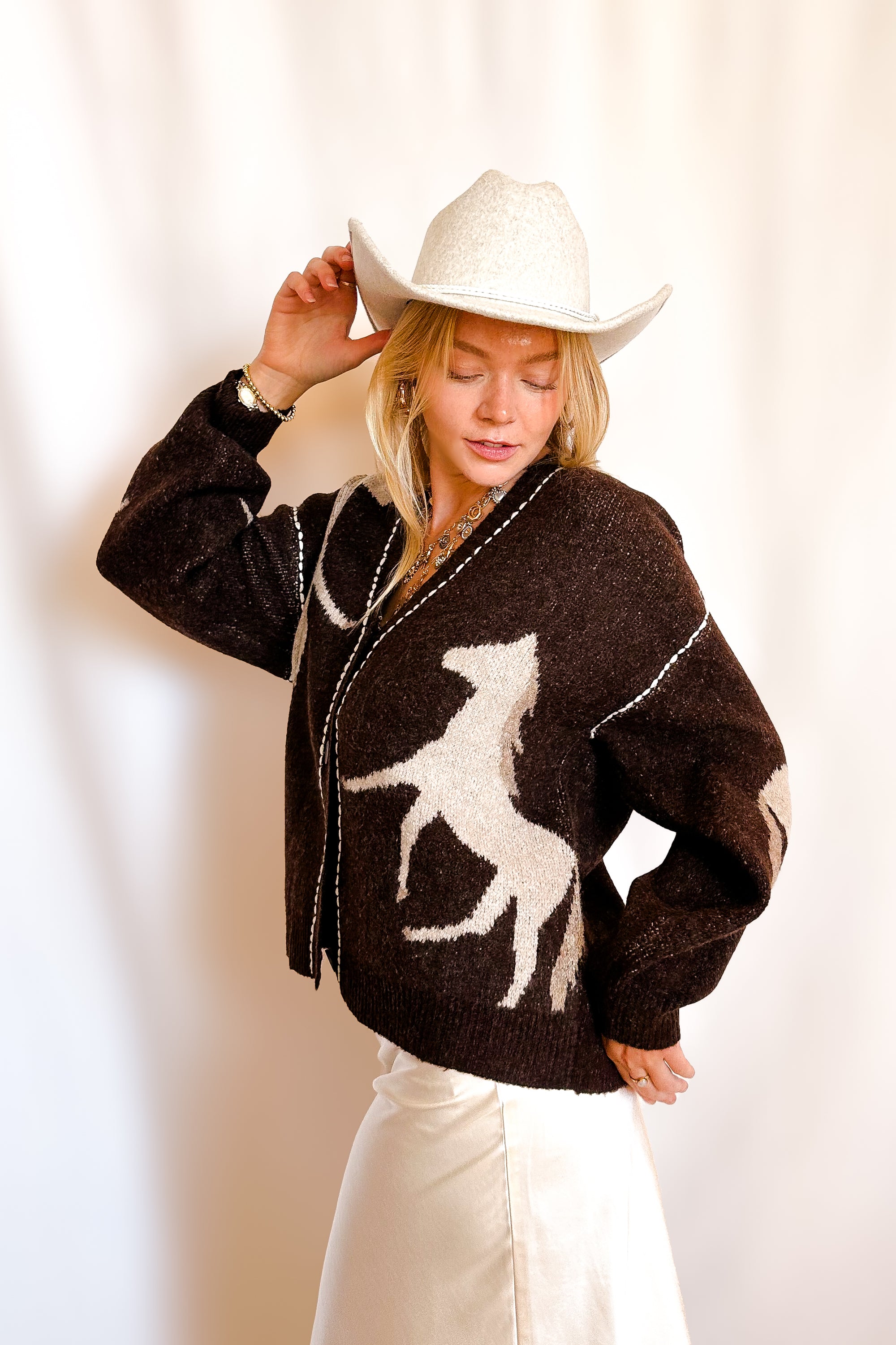Equestrian Stitch Detail Cardigan Sweater / Brown