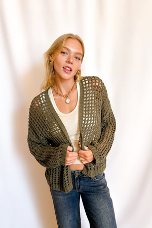 Crochet Waist Length Open Cardigan / Olive