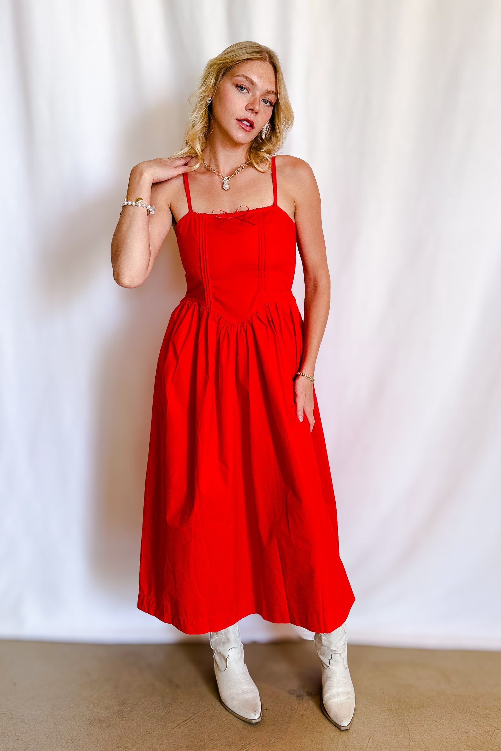 Poplin Tie Back Maxi Dress / Red