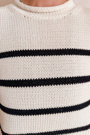 Stripe Rolled Edge Mid Length Sweater / White