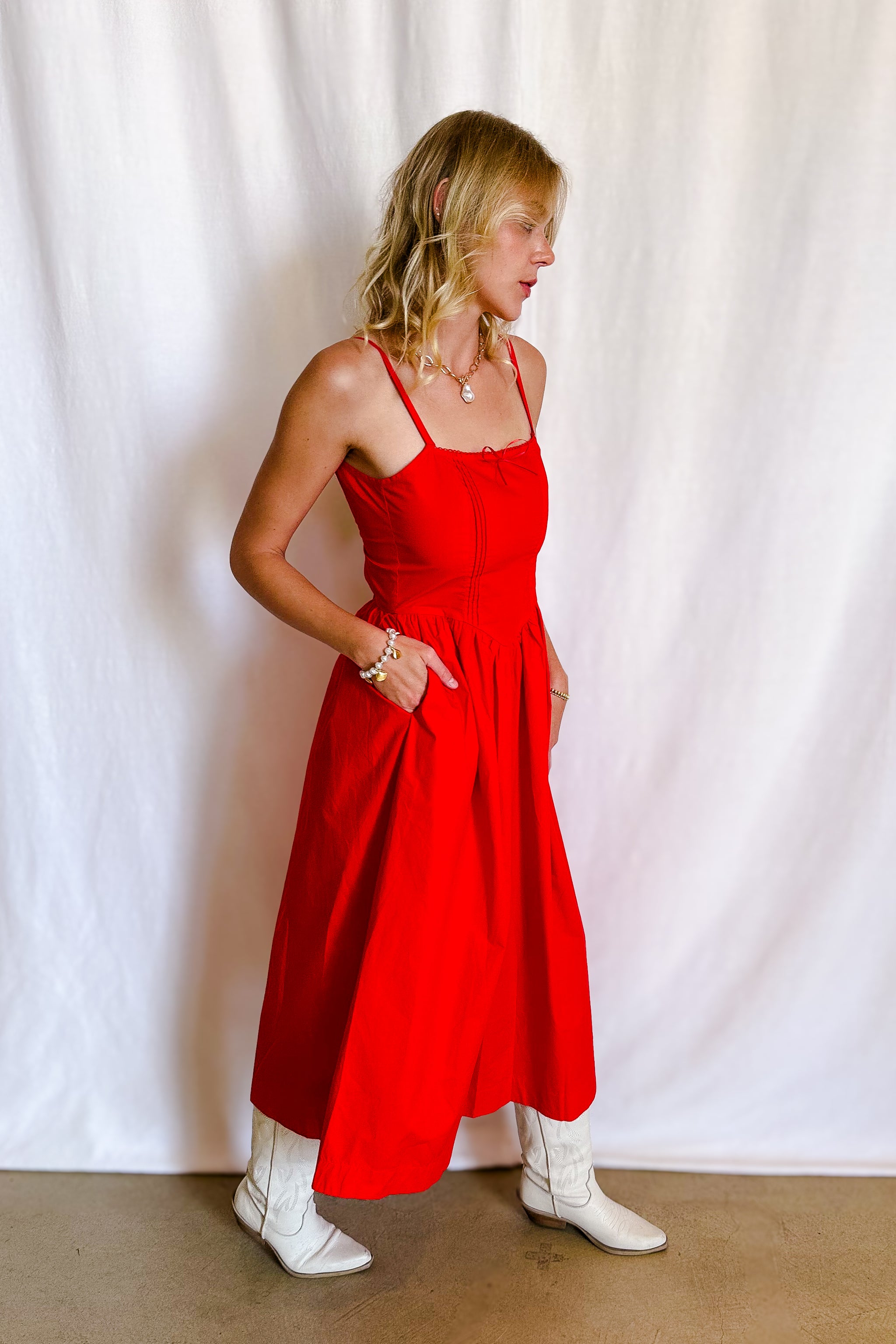 red dress tie back Poplin Tie Back Maxi Dress / Red