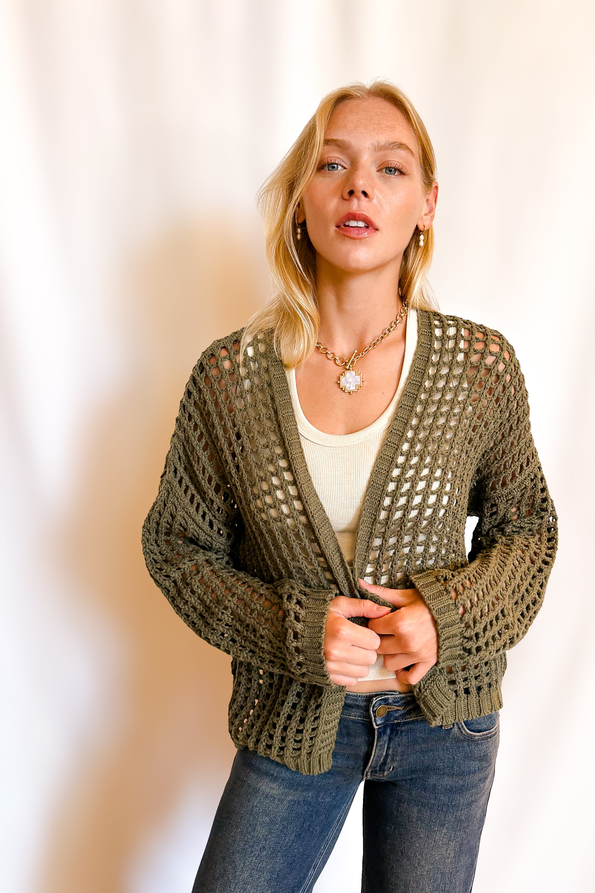 Crochet Waist Length Open Cardigan / Olive