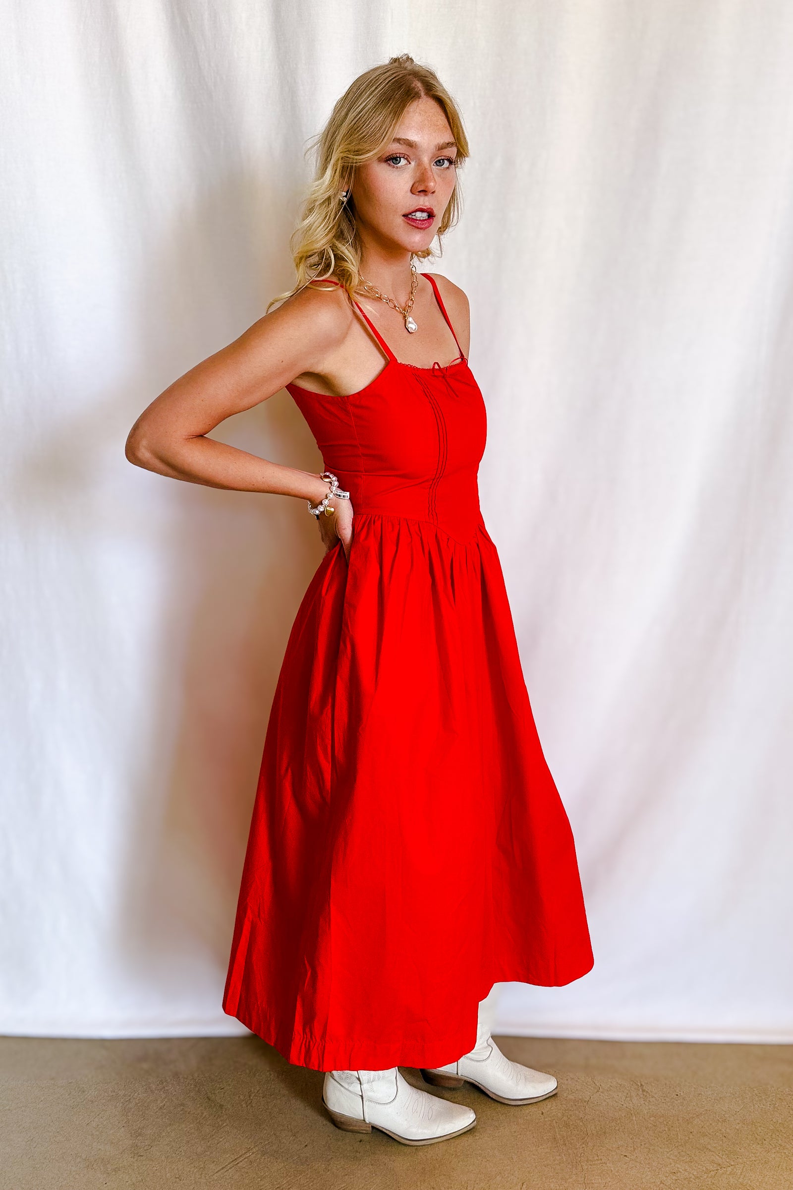 Poplin Tie Back Maxi Dress / Red