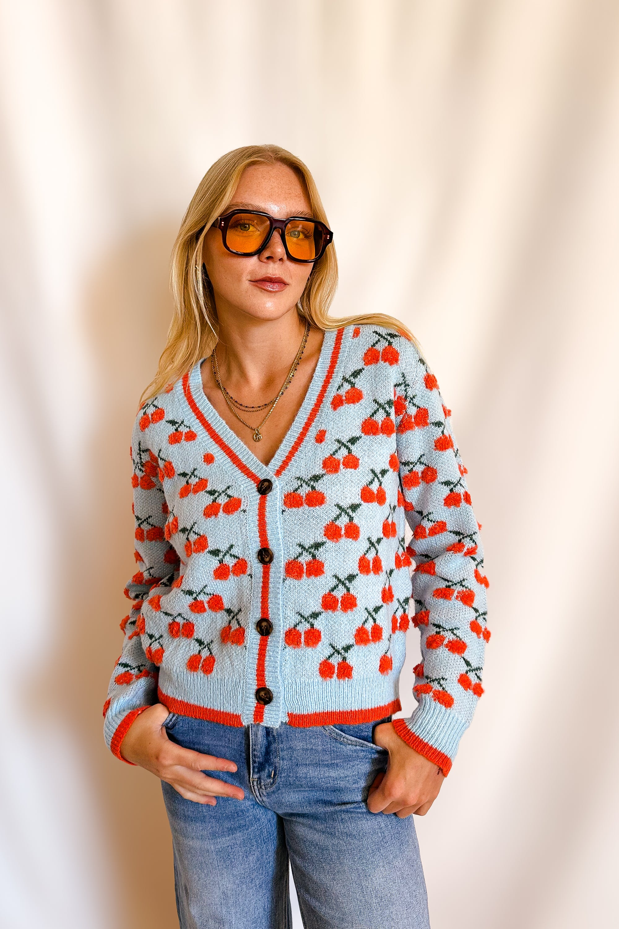 Bright Cherry Cardi Sweater / Blue