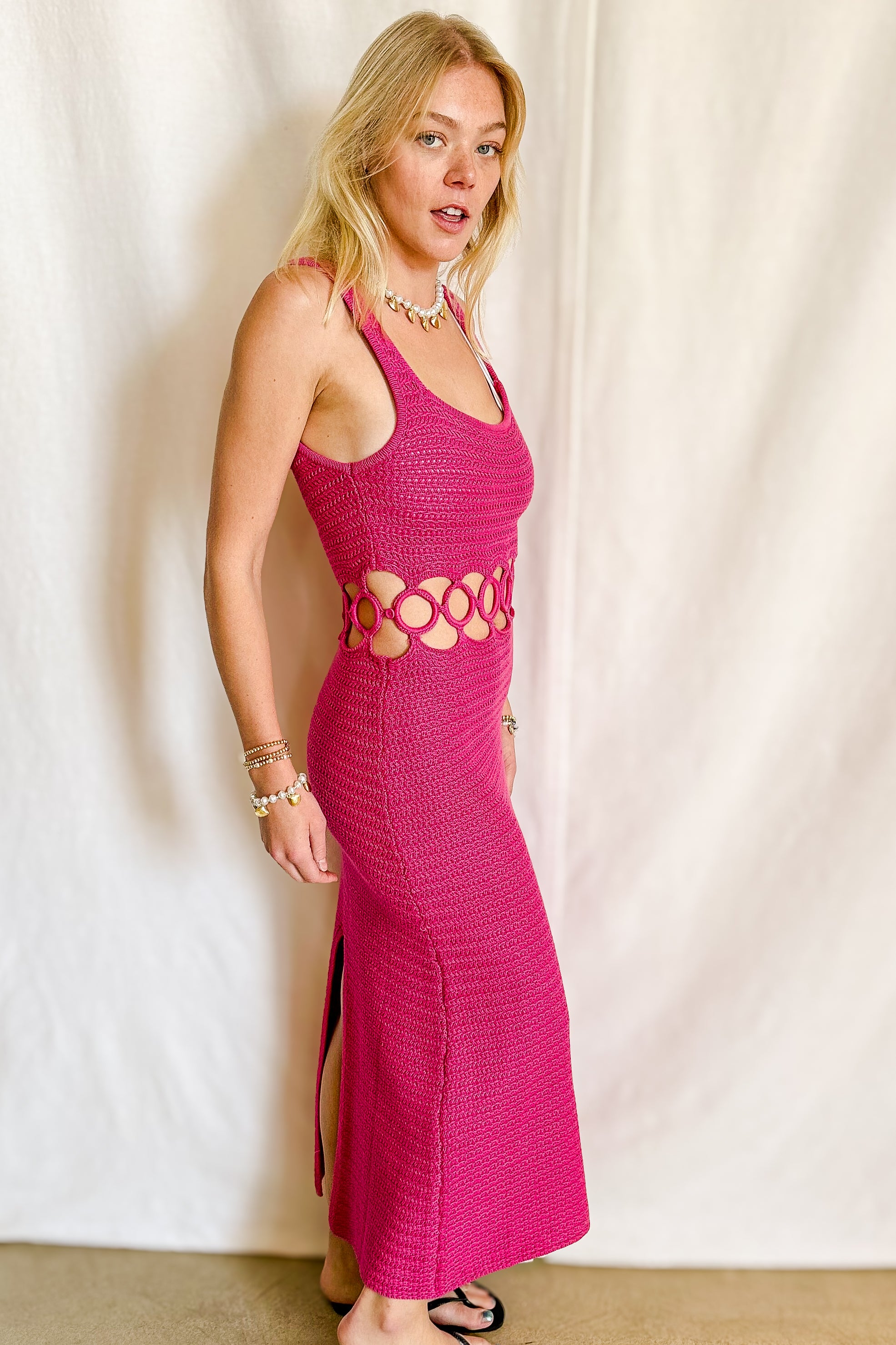 Knit Ring Cut Out Midi Dress / Pink - Merrilee's Swimwear Knit Ring Cut Out Midi Dress / Pink - Merrilee's Swimwear