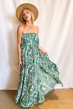Paisley Damask Print Strapless Ruffle Top Maxi Dress / Green
