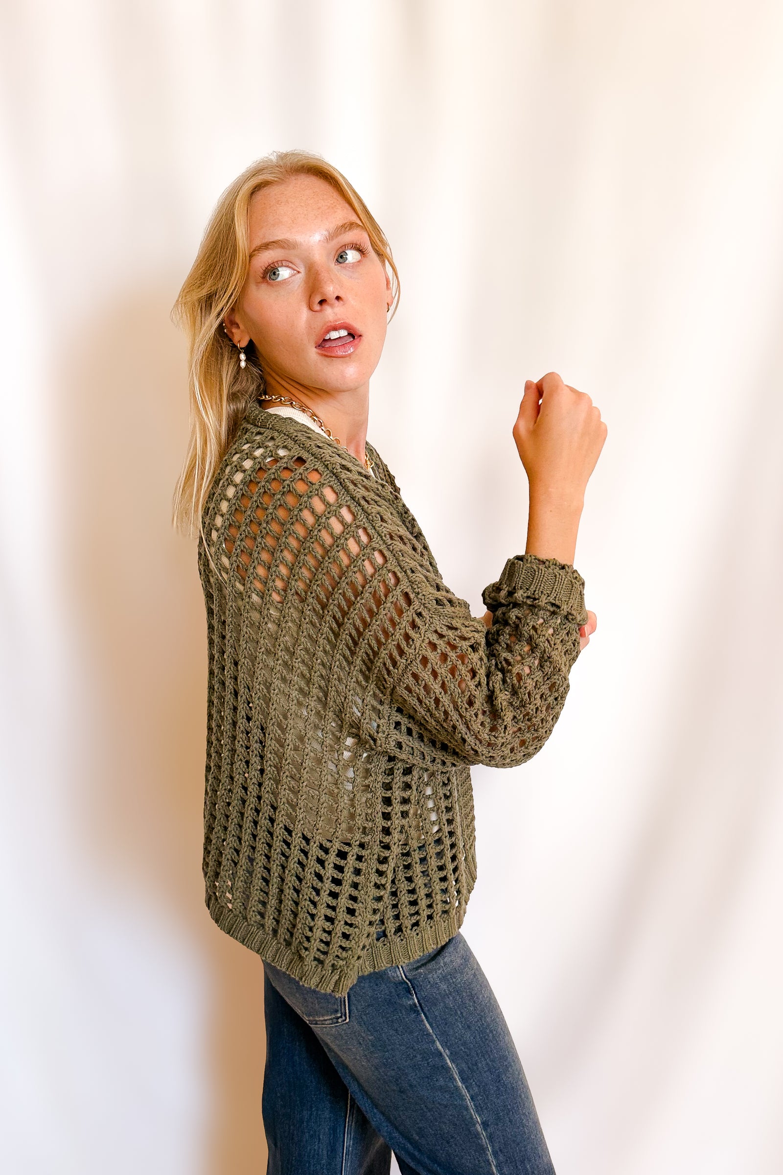 Crochet Waist Length Open Cardigan / Olive
